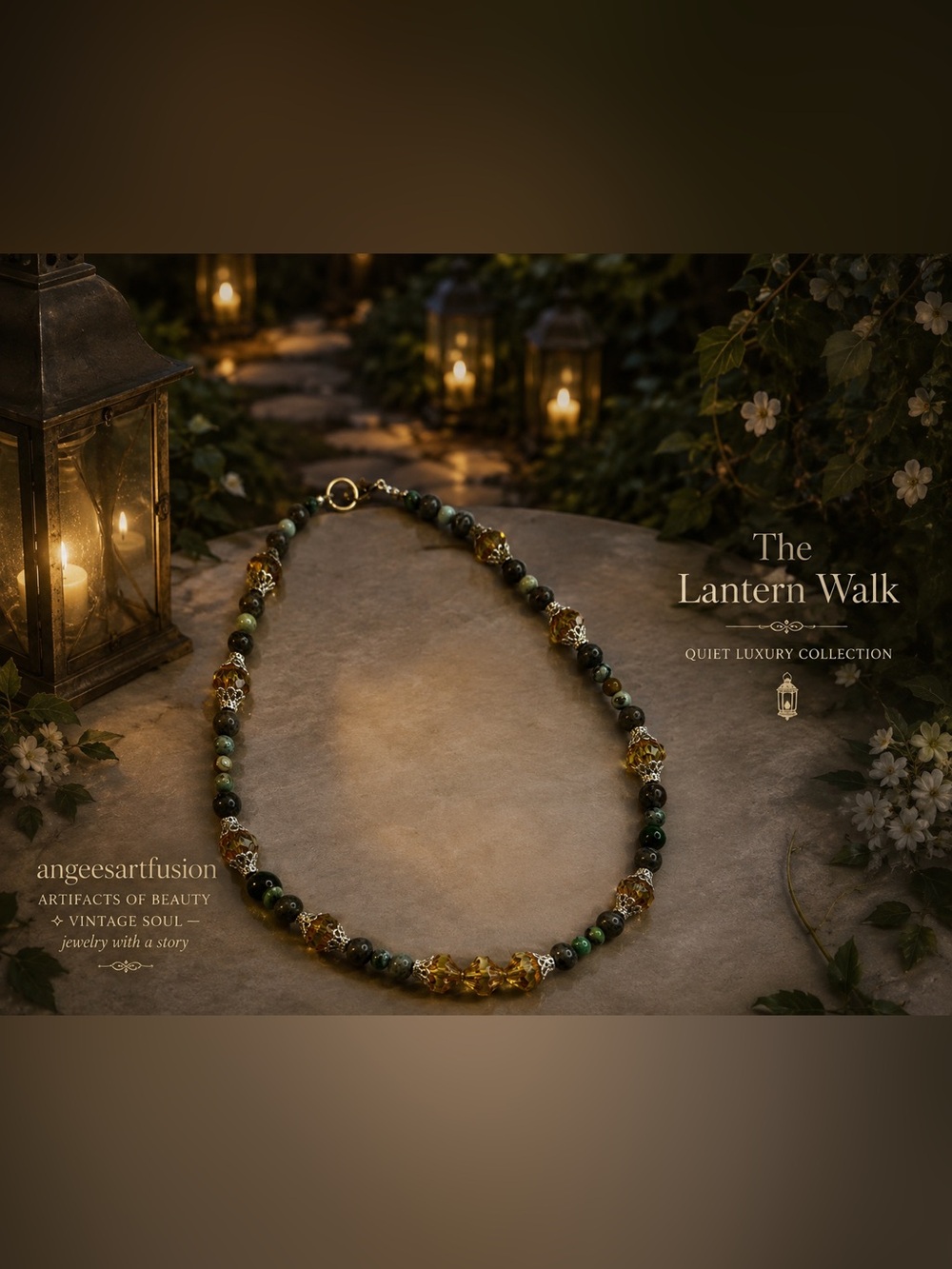 Variscite, Yooperlite, Vintage Uranium Czech Glass Necklace - “The Lantern Walk”